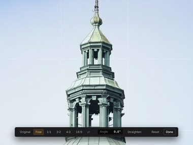 The church spire in Raelux’s crop frame, with its crop bar: Original, Free, the ratios, the Angle at 0.0°, Straighten, Reset and Done